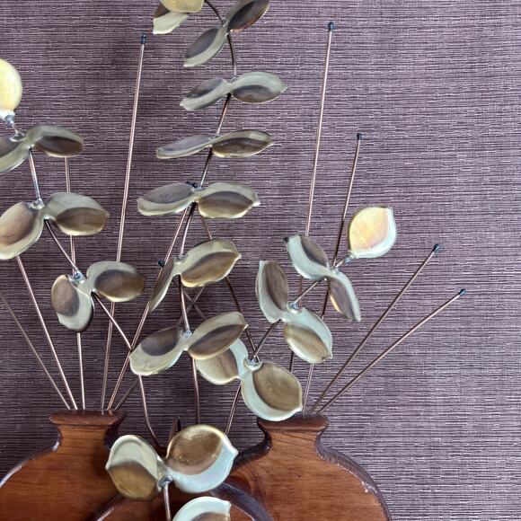 Vintage Metal Leaf Wood Vase Wall Hanging – Gold Eucalyptus Trio – Mid Century - Picture 5 of 14